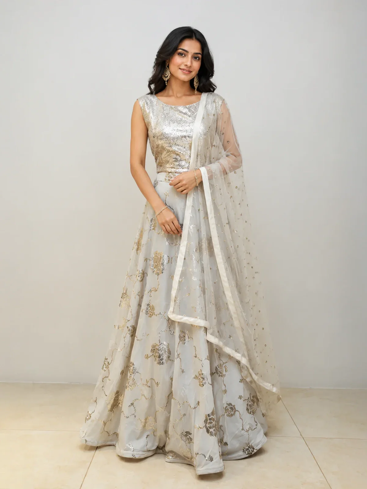Grey Lehenga Adorned in Floral Sequins with Dupatta